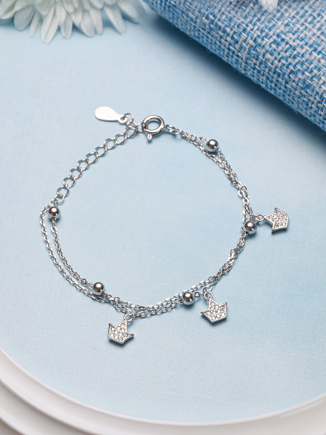 925 Sterling Silver Rhodium Plated AD Studded Sparkling Crown Link Charms Bracelet